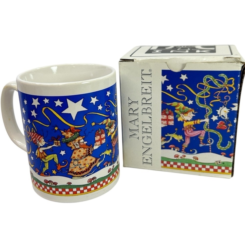 Vintage Mary Engelbreit Christmas Elves Mushrooms Coffee Mug Cup with Box 1995